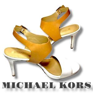 MICHAEL KORS CLAUDIA MID White/Tan Leather PeepToe Heels size 8